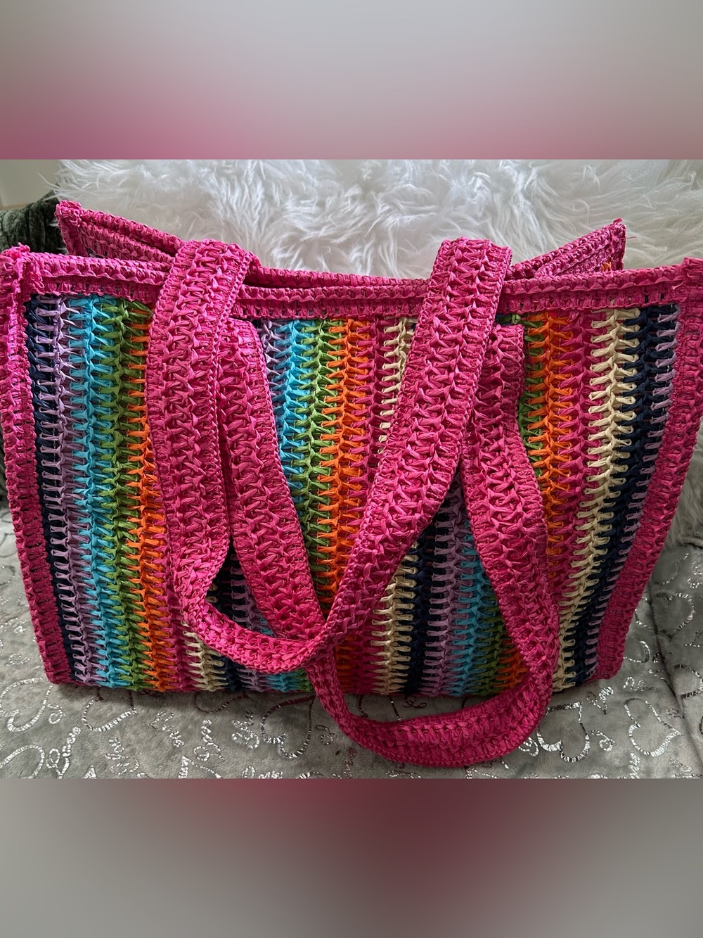 NWT Urban Expression, Lg, Pink Multicolor, Candi Hand-woven Crochet Beach Tote